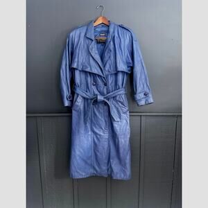 Vintage 80s Wilsons Leather Blue Buttery Leather Belted Trench Coat Size Small